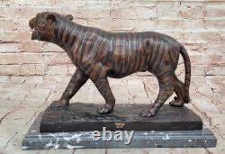 Marbre Base Bronze Tigre Sculpture Statue Figurine Signée Faune de Collection