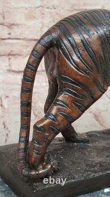 Marbre Base Bronze Tigre Sculpture Statue Figurine Signée Faune de Collection