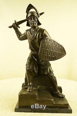 Médiévale Knight sur Cheval Bronze Statue, Signé Sculpture Marbre Figurine
