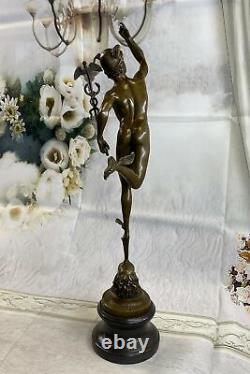 Mercury Hermes Cauceus Bronze Sur Marbre Base Signée Sculpture Art Figurine Nu