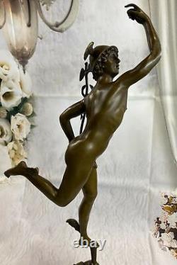 Mercury Hermes Cauceus Bronze Sur Marbre Base Signée Sculpture Art Figurine Nu