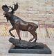 Moose Hunter Lodge Serre-livre Faune Art Signée Bronze Marbre Statue Sculpture