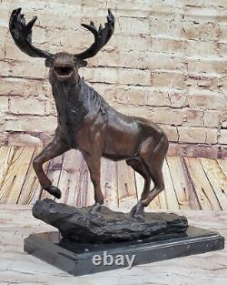 Moose Hunter Lodge Serre-Livre Faune Art Signée Bronze Marbre Statue Sculpture