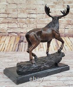 Moose Hunter Lodge Serre-Livre Faune Art Signée Bronze Marbre Statue Sculpture