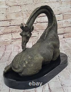 Original Signé Africain Gracieux Girafe Assis Bronze Sculpture Marbre Deco Nr