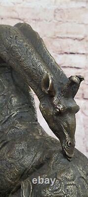 Original Signé Africain Gracieux Girafe Assis Bronze Sculpture Marbre Deco Nr