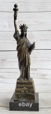 Original Signé Pure Bronze Marbre Base Statue De Liberté Ny New York Sculpture
