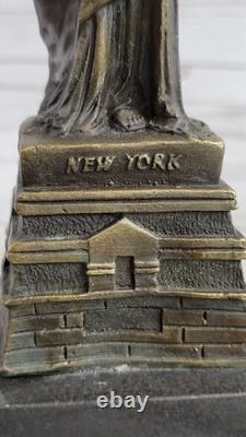 Original Signé Pure Bronze Marbre Base Statue De Liberté Ny New York Sculpture