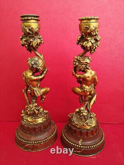 Paire bougeoirs bronze doré XIXe Amour Faune socle marbre Hauteur 23,5 cms signé