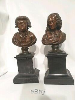 Paire de buste de Voltaire et Mirabeau en bronze sur socle en marbre. Fin 19ème