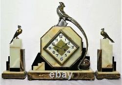 Pendule / garniture Art Deco signée FRECOURT marbre bronze onyx clock