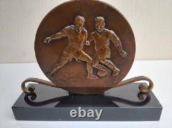 Plaque Commerative Bronze Et Marbre Joueurs De Football Signee Georges Contaux