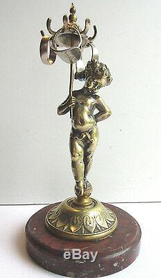 Porte-montre bronze argenté / marbre Angelot chérubin à l'ombrelle signé L. KLEY