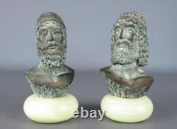 Rare Belles Statues Bustes Poudre Marbre Patinées Bronze Signées Socle En Onyx