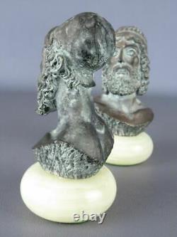 Rare Belles Statues Bustes Poudre Marbre Patinées Bronze Signées Socle En Onyx