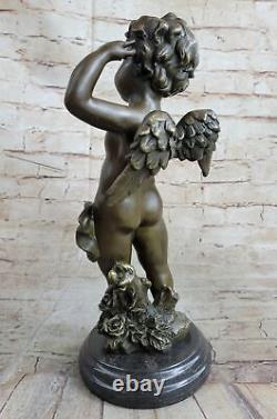 Rare Bronze Cupidon Angelot Signé Statue Marbre Base Eros Moreau Nr