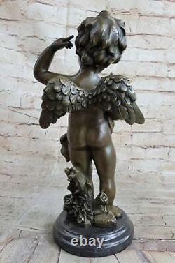 Rare Bronze Cupidon Angelot Signé Statue Marbre Base Eros Moreau Nr