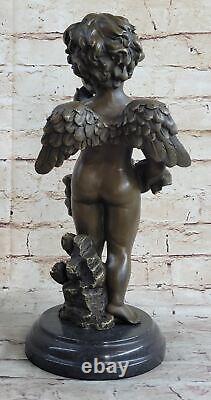 Rare Bronze Cupidon Chérubin Signée Statue Marbre Base Eros Love Moreau Ouvre