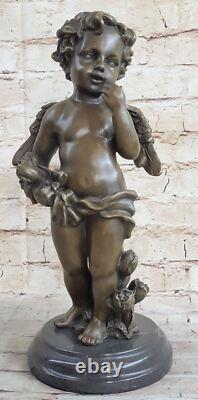 Rare Bronze Cupidon Chérubin Signée Statue Marbre Base Eros Love Moreau Ouvre Nr