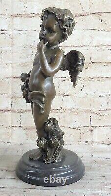 Rare Bronze Cupidon Chérubin Signée Statue Marbre Base Eros Love Moreau Ouvre Nr