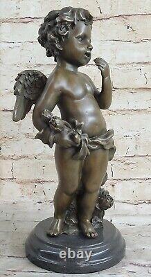 Rare Bronze Cupidon Chérubin Signée Statue Marbre Base Eros Love Moreau Ouvre Nr