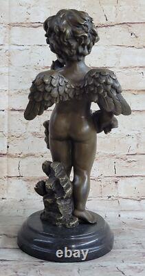 Rare Bronze Cupidon Chérubin Signée Statue Marbre Base Eros Love Moreau Ouvre Nr