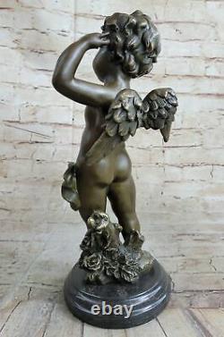 Rare Bronze Cupidon Chérubin Signée Statue Marbre Base Eros Moreau