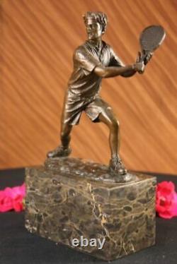 Rare Fin Vintage Bronze Signé Sculpture Statue Tennis Lecteur Marbre Base Cadeau