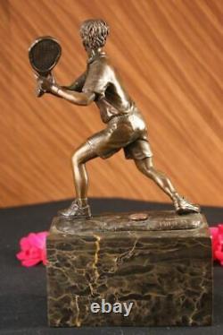 Rare Fin Vintage Bronze Signé Sculpture Statue Tennis Lecteur Marbre Base Cadeau