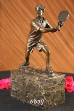 Rare Fin Vintage Bronze Signé Sculpture Statue Tennis Lecteur Marbre Base Solde