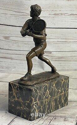 Rare Fin Vintage Bronze Signée Sculpture Statue Tennis Lecteur Marbre Base