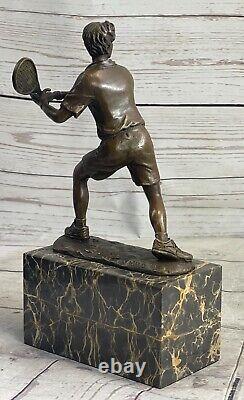 Rare Fin Vintage Bronze Signée Sculpture Statue Tennis Lecteur Marbre Base