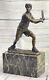 Rare Fin Vintage Bronze Signée Sculpture Statue Tennis Lecteur Marbre Base Solde