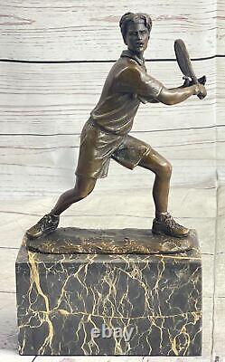 Rare Fin Vintage Bronze Signée Sculpture Statue Tennis Lecteur Marbre Base Solde