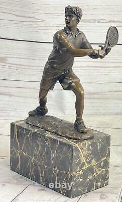 Rare Fin Vintage Bronze Signée Sculpture Statue Tennis Lecteur Marbre Base Solde