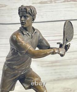 Rare Fin Vintage Bronze Signée Sculpture Statue Tennis Lecteur Marbre Base Solde