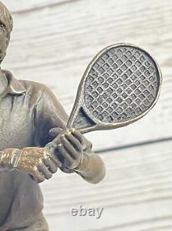 Rare Fin Vintage Bronze Signée Sculpture Statue Tennis Lecteur Marbre Base Solde