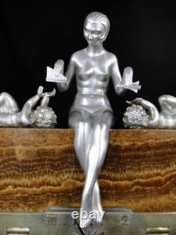 Rare Pendule George Lavroff Bronze Argente Marbre & Onyx Art Deco Signee Clock