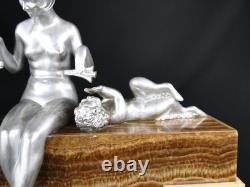 Rare Pendule George Lavroff Bronze Argente Marbre & Onyx Art Deco Signee Clock