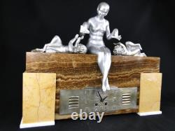Rare Pendule George Lavroff Bronze Argente Marbre & Onyx Art Deco Signee Clock