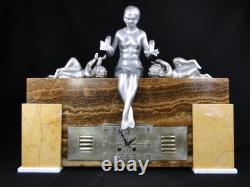 Rare Pendule George Lavroff Bronze Argente Marbre & Onyx Art Deco Signee Clock