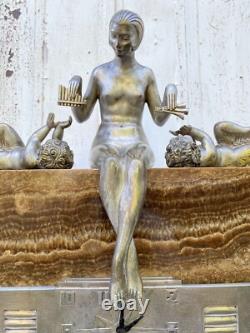 Rare Pendule George Lavroff Bronze Argente Marbre Onyx Art Deco Signee Lavrov