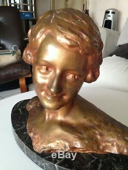 Sculpture Bronze Buste Femme Art deco sur socle Marbre signé