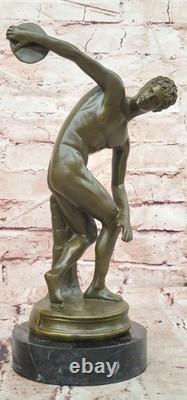 Sculpture Bronze Discobolus Signée Myron Statue Fonte Bronze Base Marbre