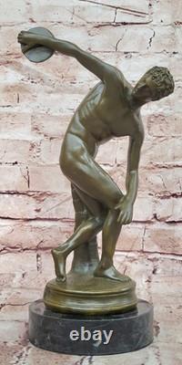 Sculpture Bronze Discobolus Signée Myron Statue Fonte Bronze Base Marbre