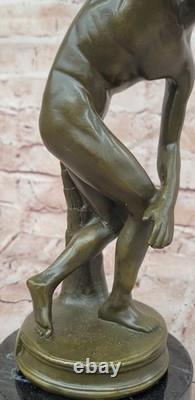 Sculpture Bronze Discobolus Signée Myron Statue Fonte Bronze Base Marbre