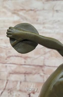 Sculpture Bronze Discobolus Signée Myron Statue Fonte Bronze Base Marbre