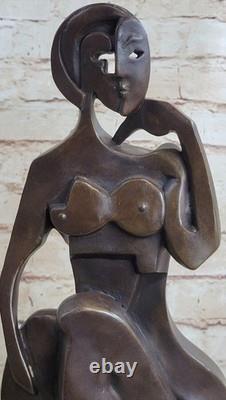 Sculpture D'Art En Bronze Avec Base En Marbre Figurine Féminine Abstraite Signée