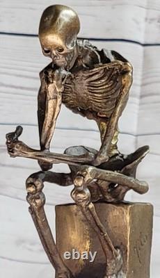 Sculpture D'Art Fin Bronze Squelette Penseur Socle En Marbre Signé Milo Décor
