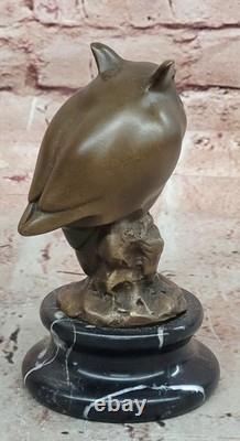 Sculpture De Hibou En Bronze Signée Sur Base En Marbre Art Animal Sauvage